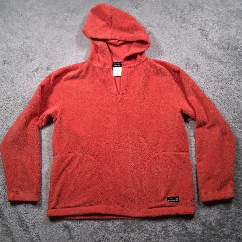 Patagonia Hoodie Girls Large Orange Fleece Pullover Sweatshirt Front Pockets